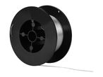 A spool of silver welding wire on a black plastic reel.