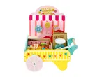 Wooden toy candy shop cart with various play sweets, a scale, and a sign that says 'CANDY SHOP'.