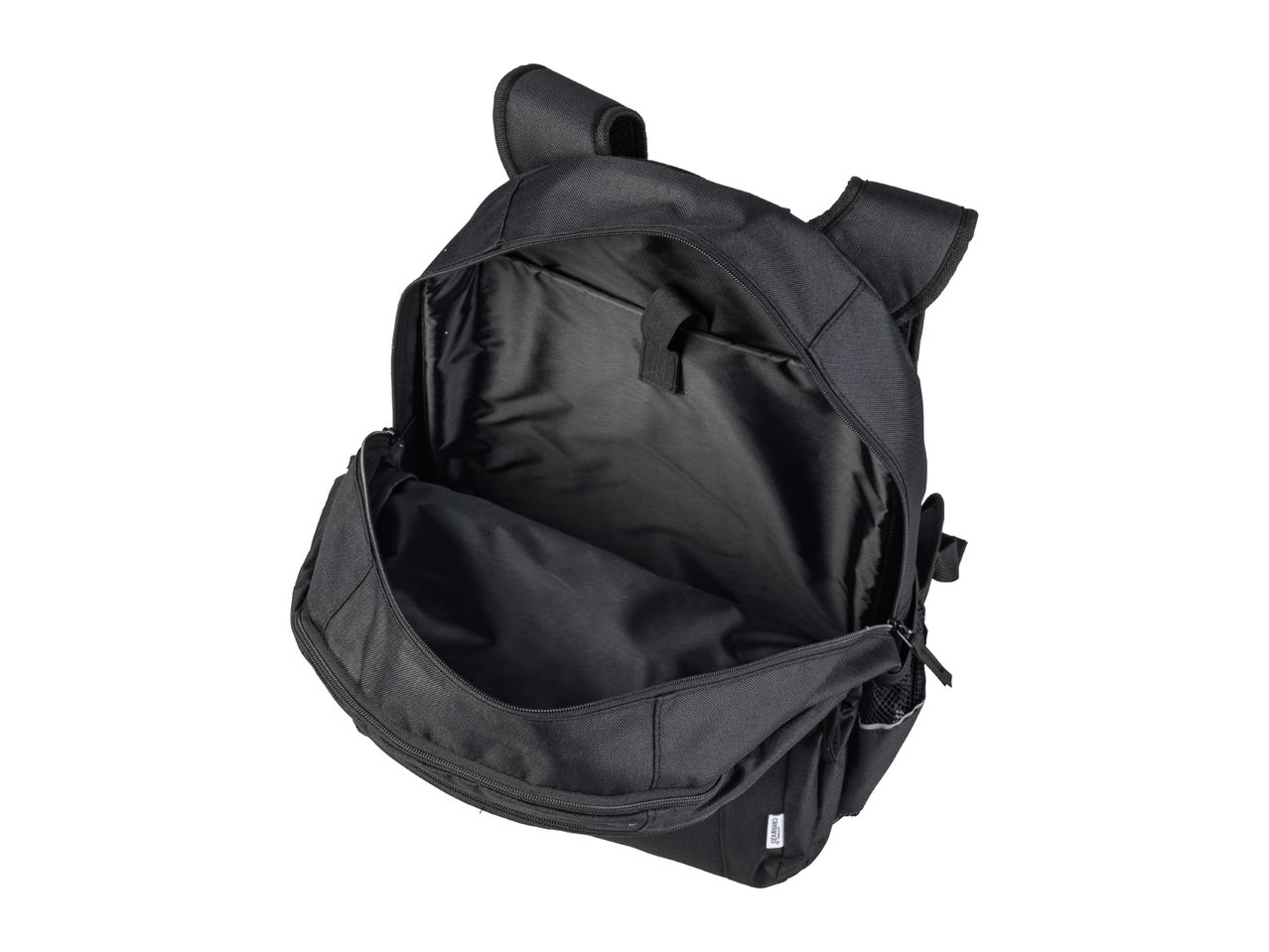 An open black Crelando  backpack, shown from an angled view.