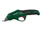 Green and black electric pruning shears with a red trigger and silver blades.