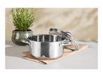 Stainless steel cooking pot with a glass lid, next to a potted rosemary plant.