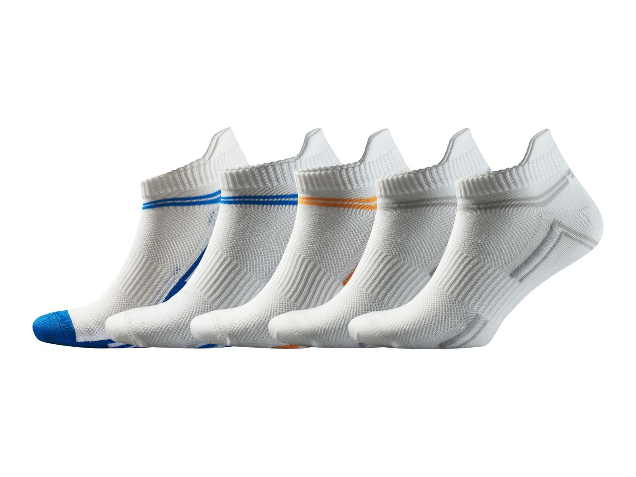 Five pairs of white athletic ankle socks with colored stripes and toe accents