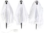 Three white ghost Halloween decorations with black faces and ground stakes