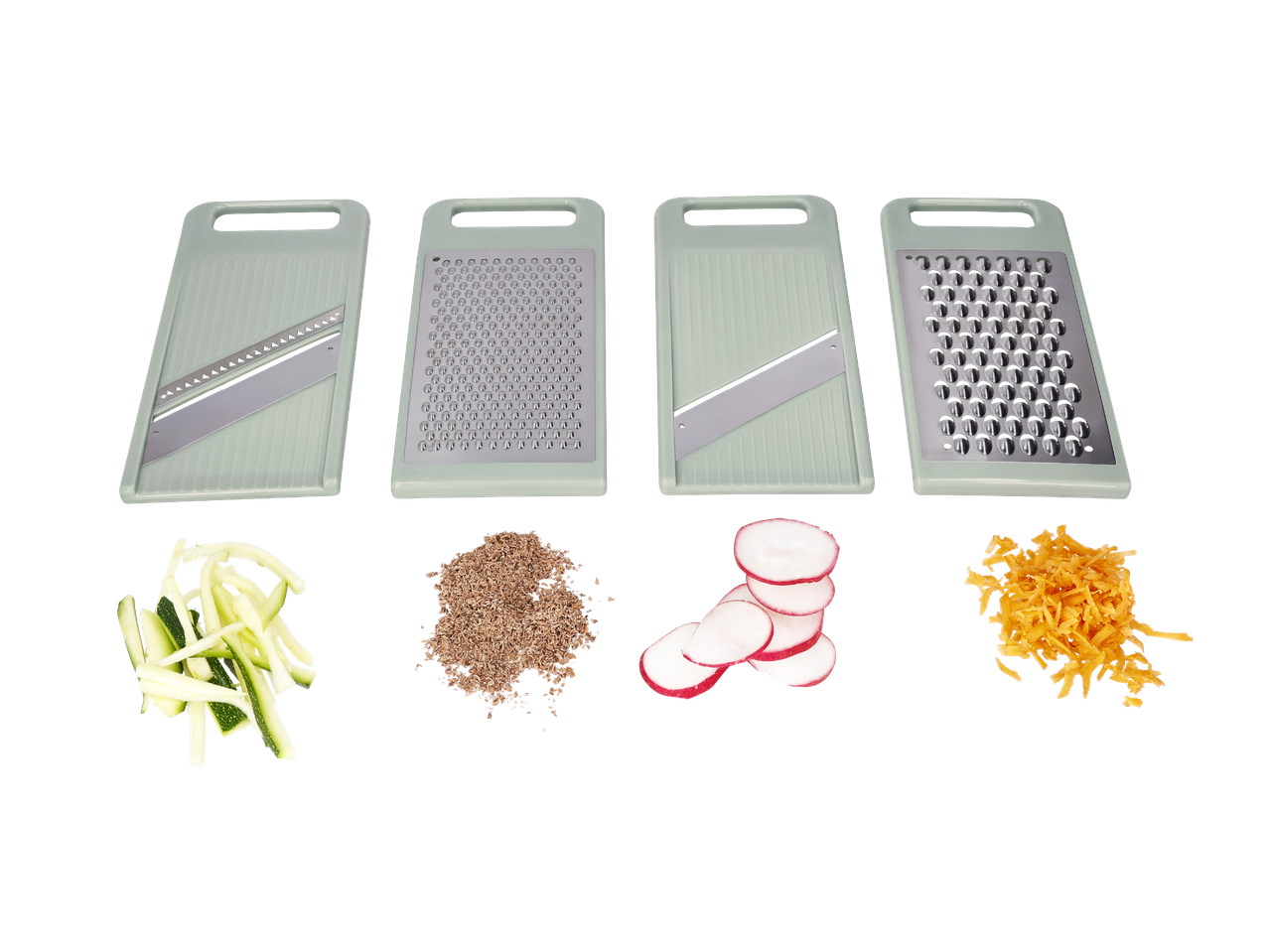 Комплект рендета с различни приставки и настъргани зеленчуци.