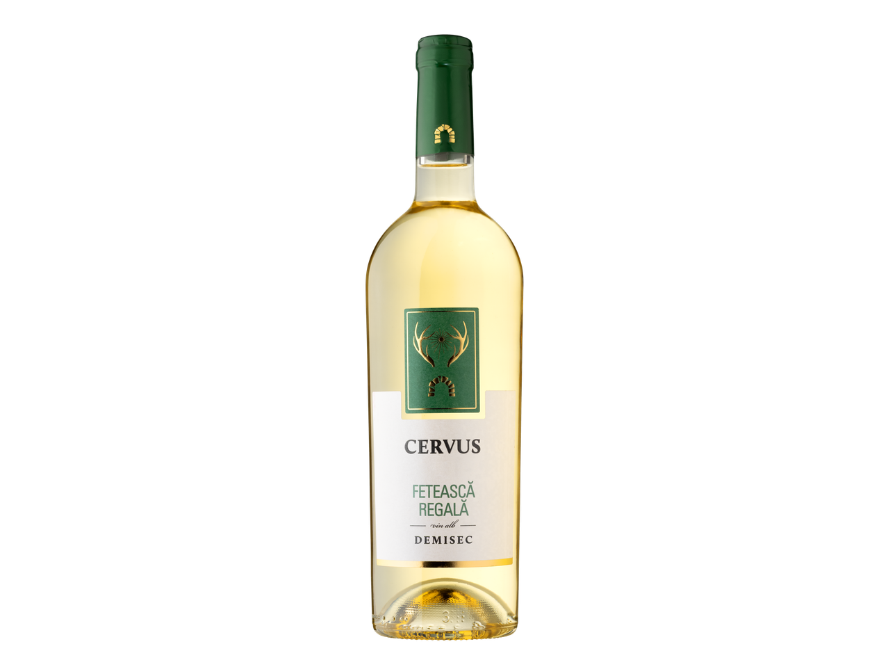 O sticlă de vin alb Cervus Fetească Regală cu o etichetă verde cu coarne de cerb.