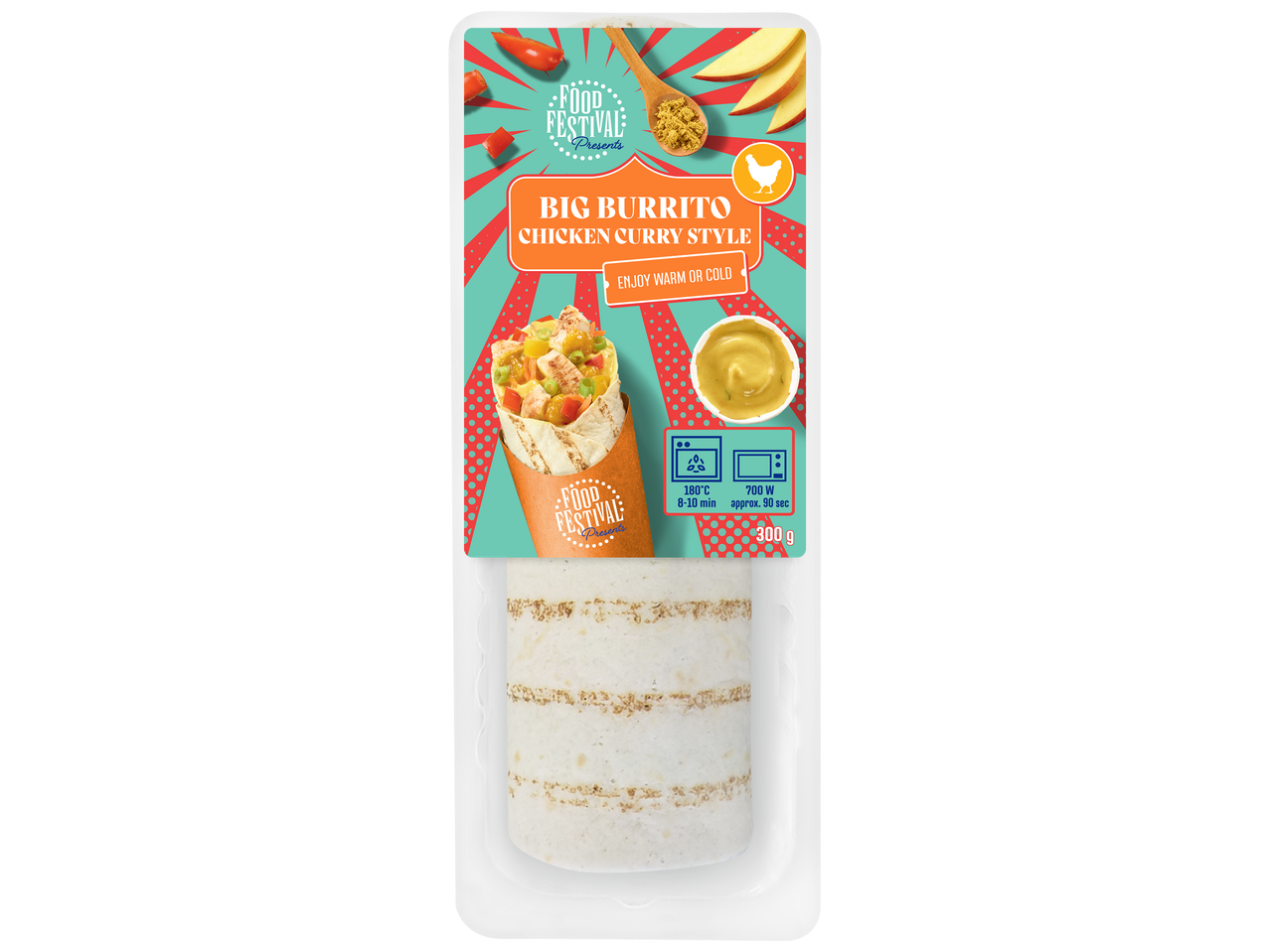 Burrito au poulet saveur curry, avec instructions de cuisson et poids de 300g.