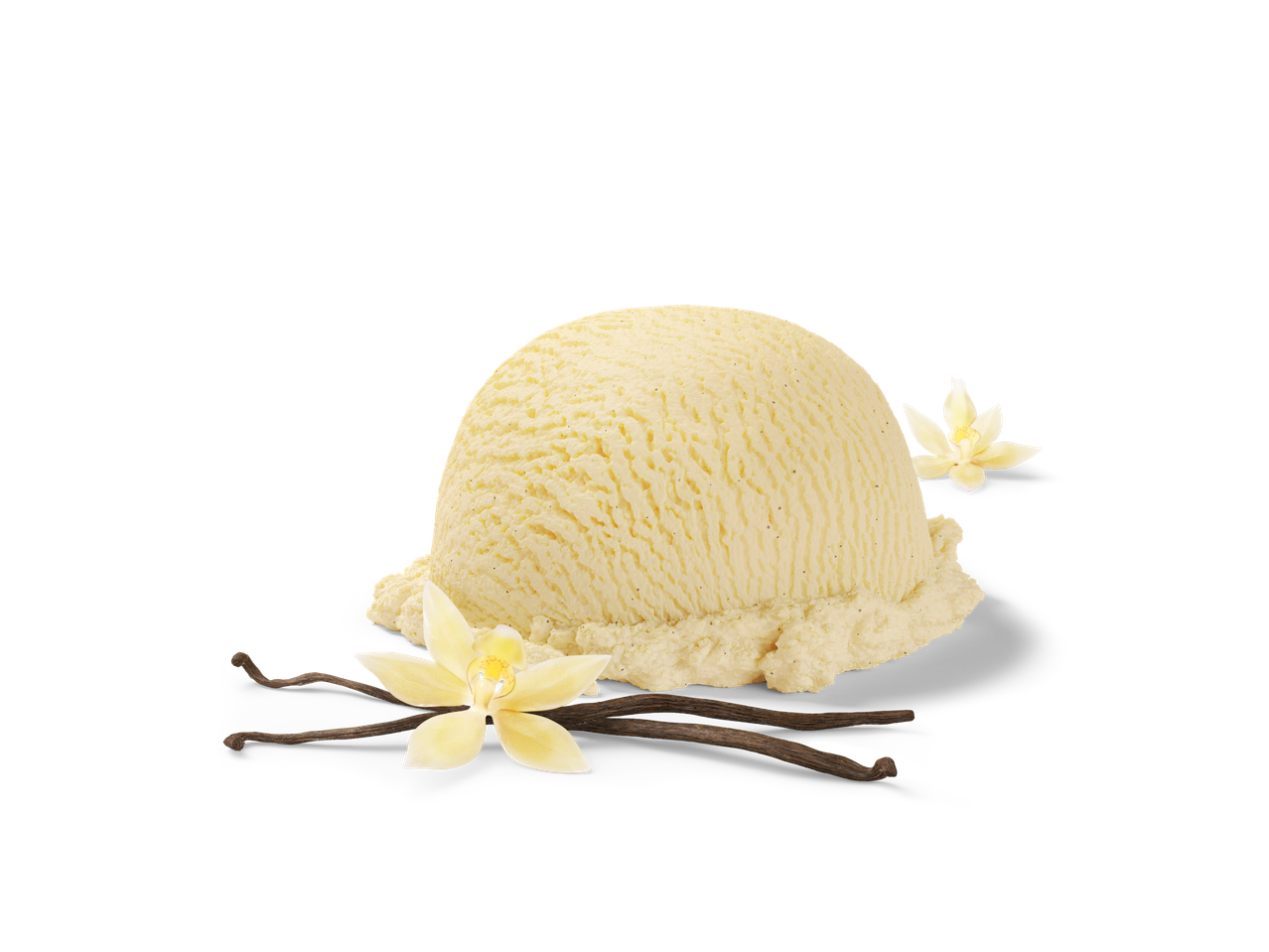 Bola de sorvete de baunilha com favas de baunilha.