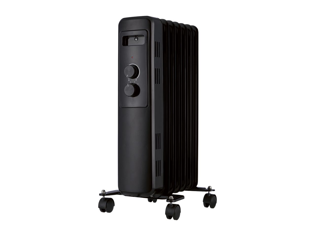 Black oil-filled radiator with adjustable dials and wheels