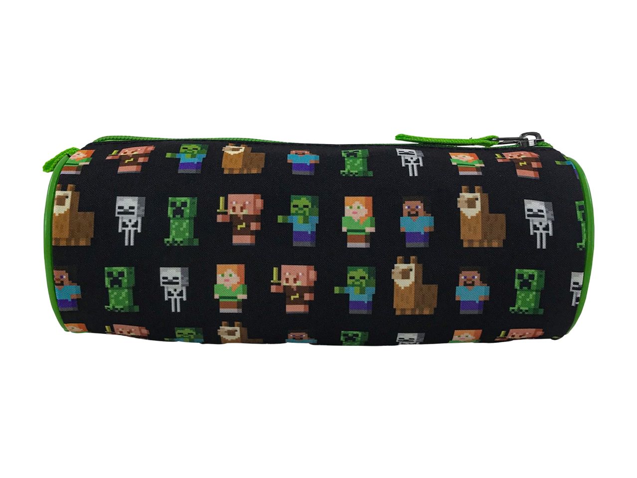 En cylindrisk Minecraft penalhus med grøn lynlås og et mønster af pixelerede Minecraft figurer.