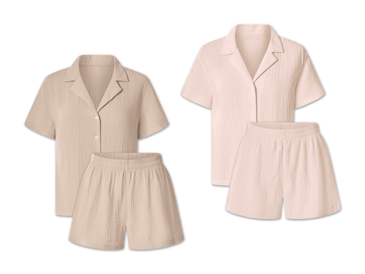 Zwei Sets aus beigefarbenen Pyjama-Oberteilen und Shorts aus Musselin