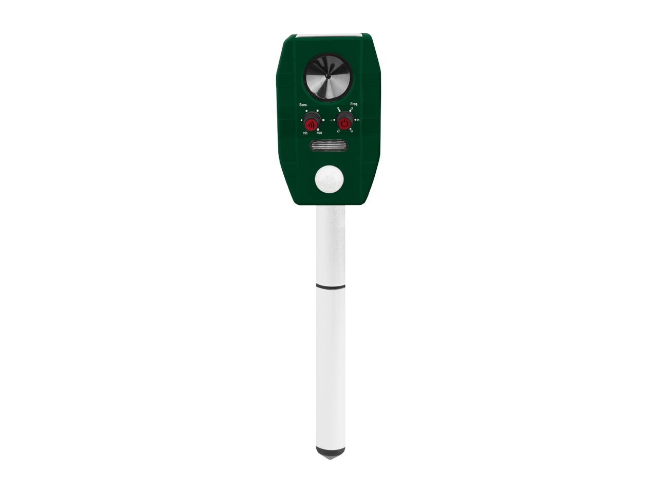 Green ultrasonic animal repeller with a white stake, featuring sensitivity and frequency dials.