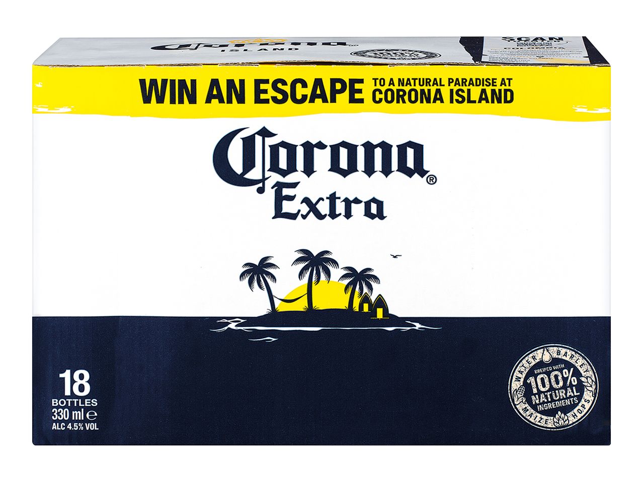 18 bottles of Corona Extra with tropical design.