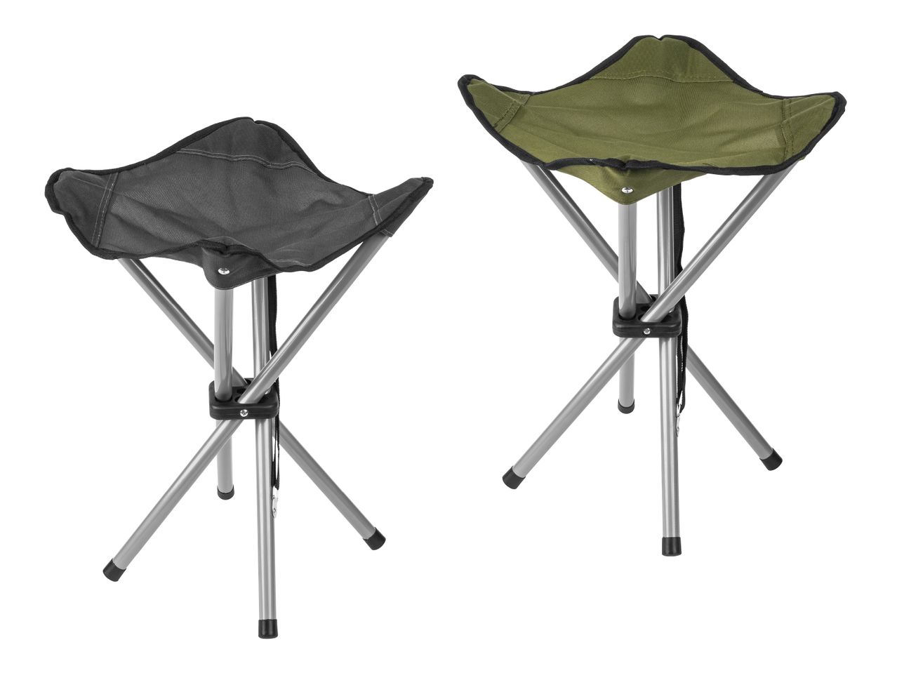 Zwei dreibeinige Klapphocker in Schwarz und Olivgrün für Camping oder Outdoor-Aktivitäten.