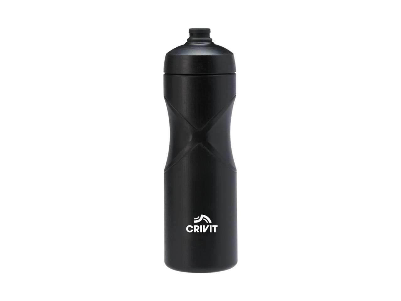 A black sports water bottle with a textured grip and a white logo at the bottom.