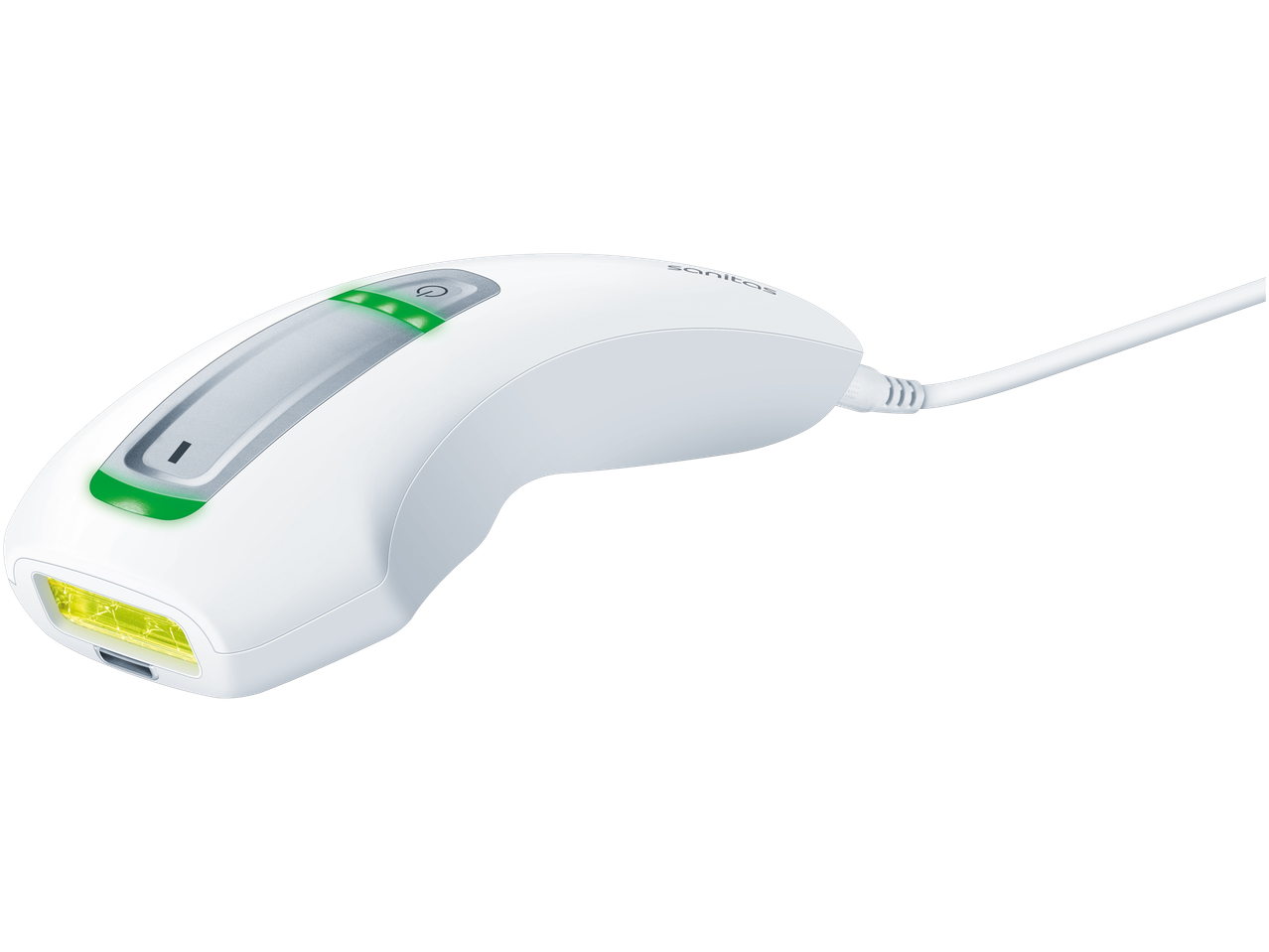 Sanitas nuolatinio plaukų šalinimo prietaisas su žaliais indikatoriais ir geltona šviesa