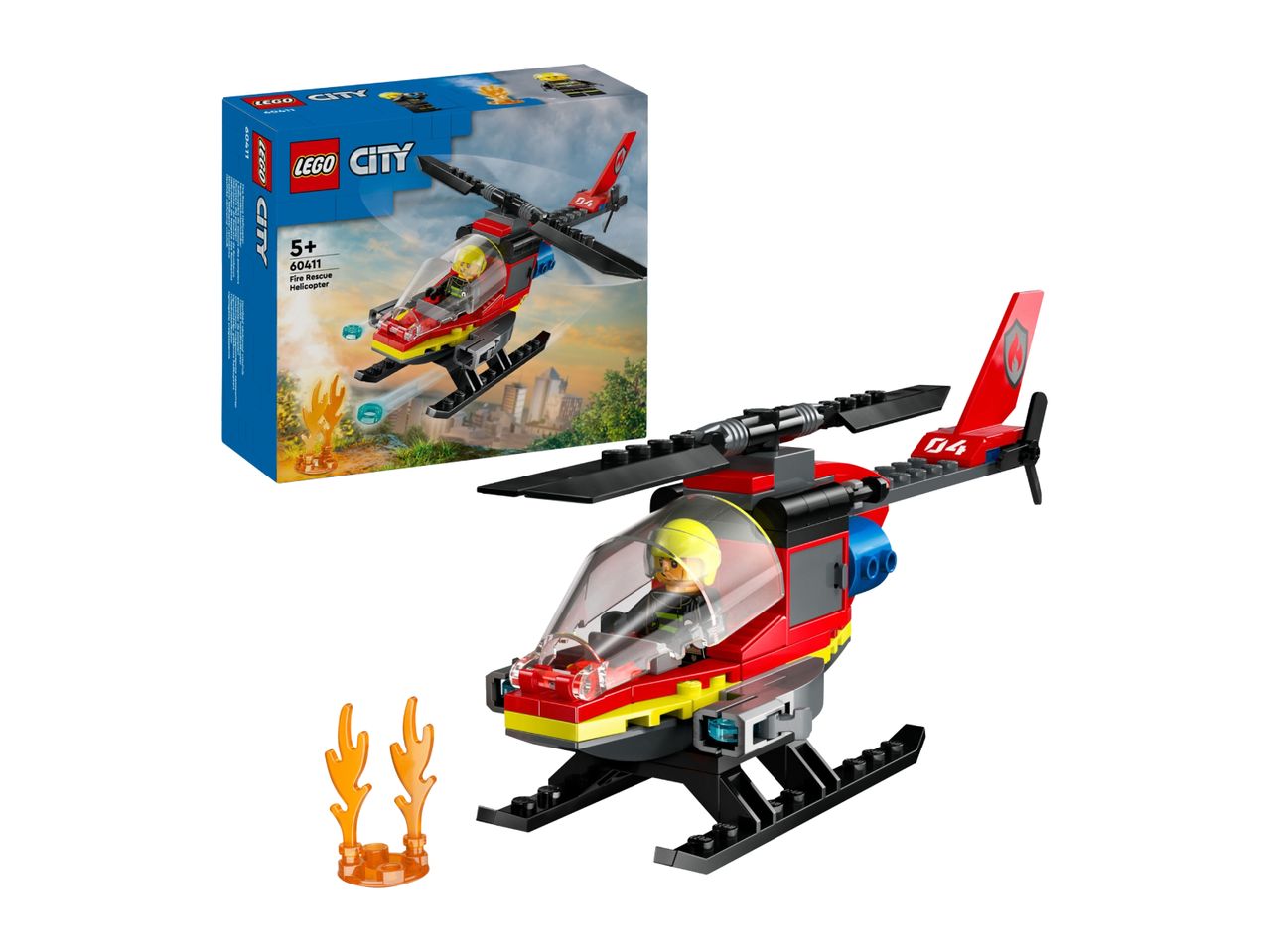 A red and black toy fire rescue helicopter with a pilot figurine, next to its product box.
