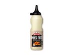 En flaske pommes frites dressing med et billede af fritter og teksten '50% BIO PLAST'.