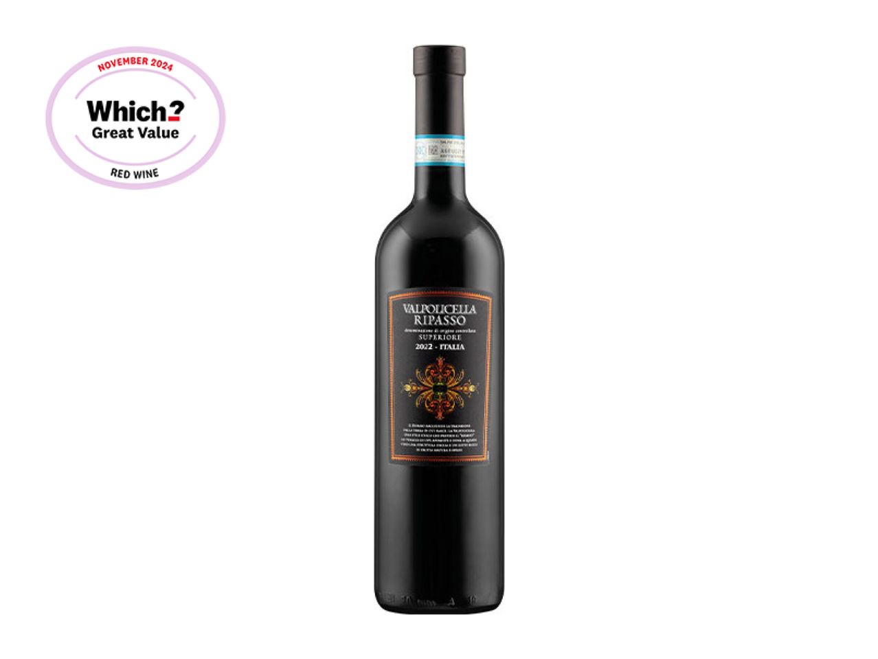 A bottle of Valpolicella Ripasso red wine with a 'Which? Great Value' award label.
