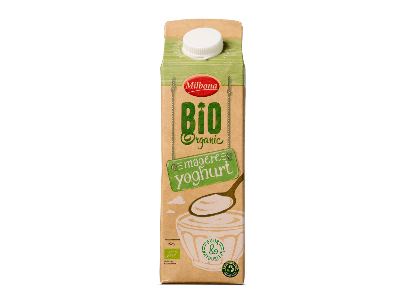 Milbona Bio Organic magere yoghurt in kartonnen verpakking.