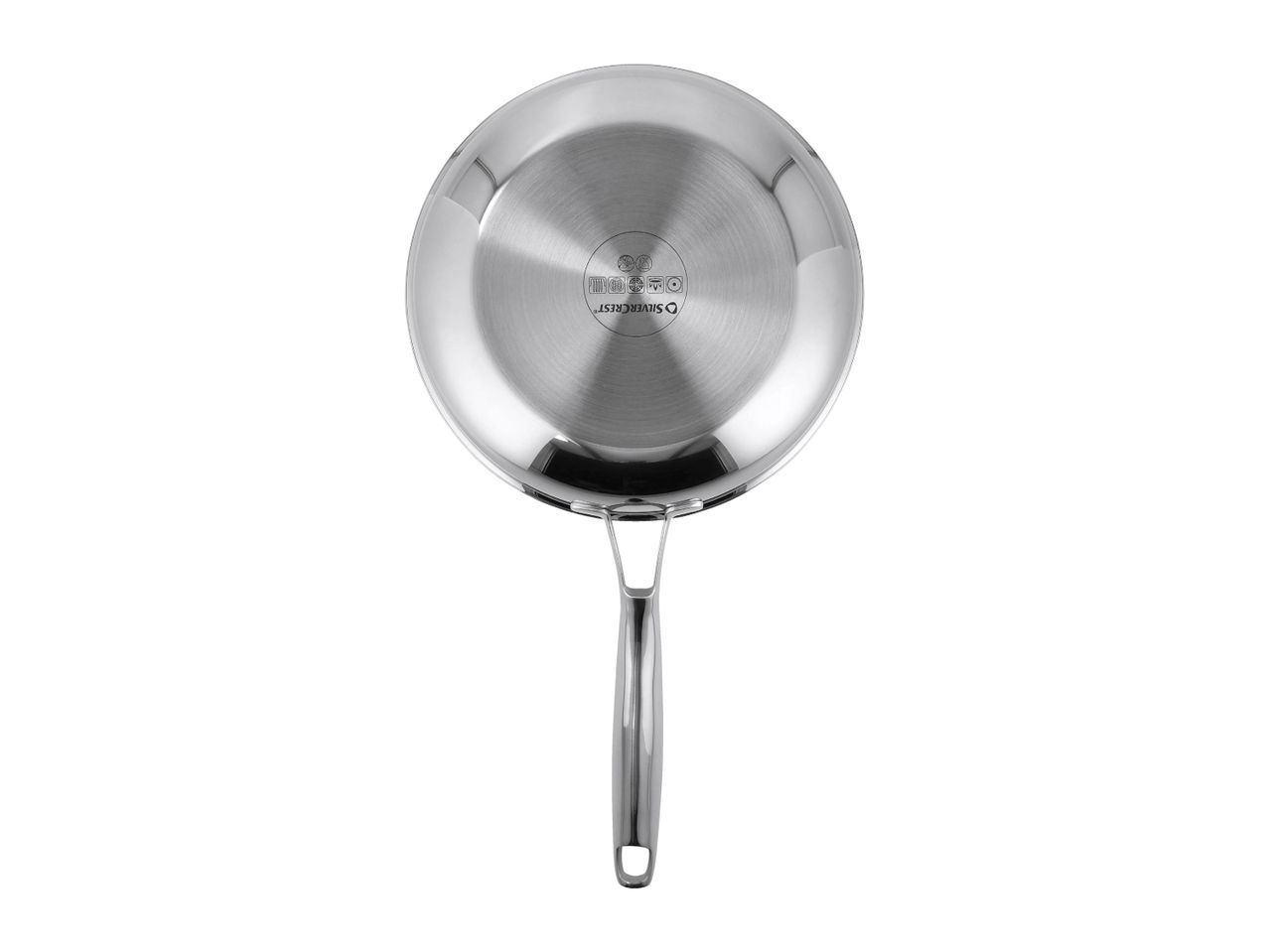 Bottom view of a stainless steel frying pan with a long handle.