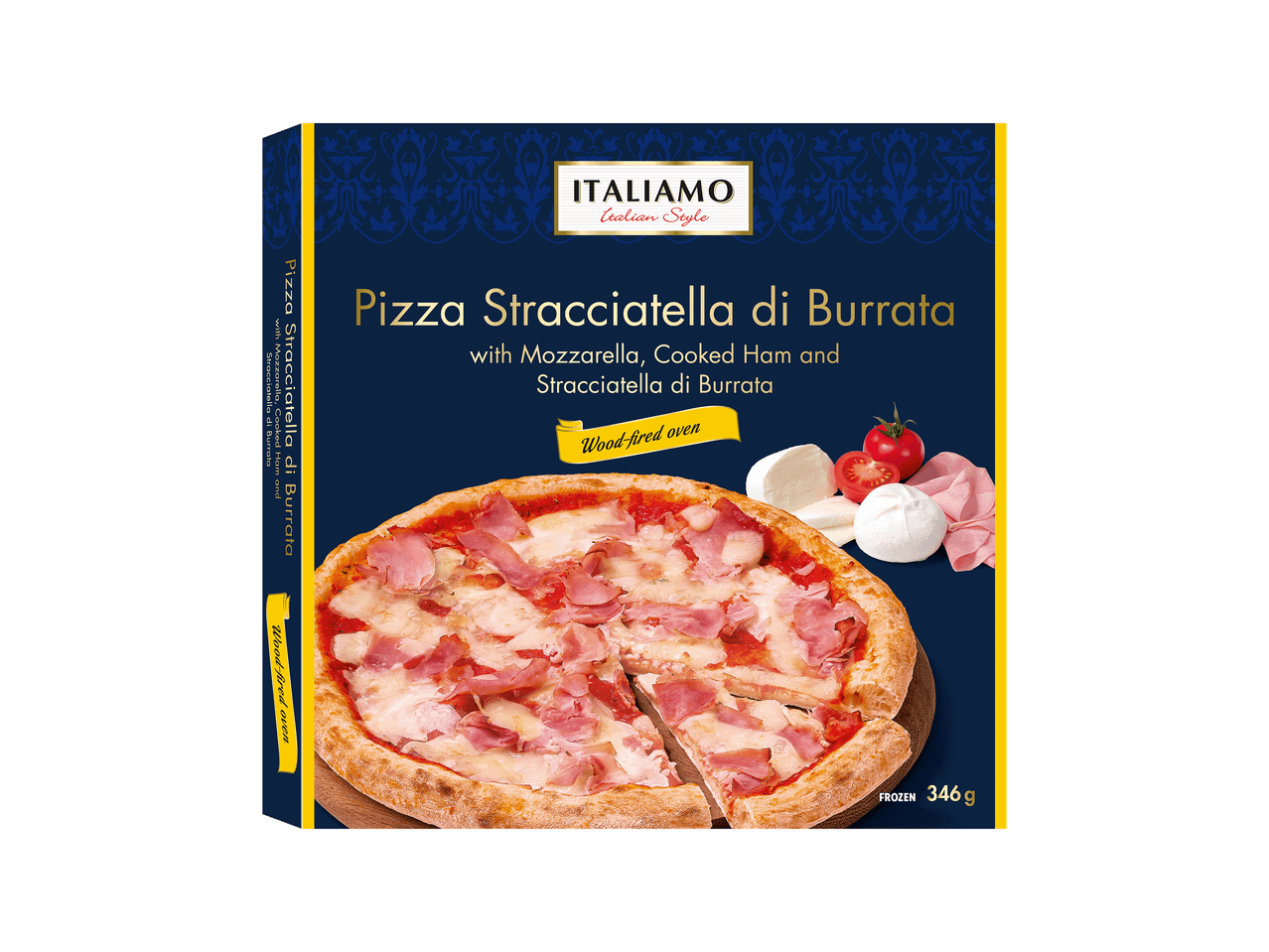 Pizza congelada de stracciatella di burrata com mozzarella e fiambre, cozida em forno a lenha, 346g.