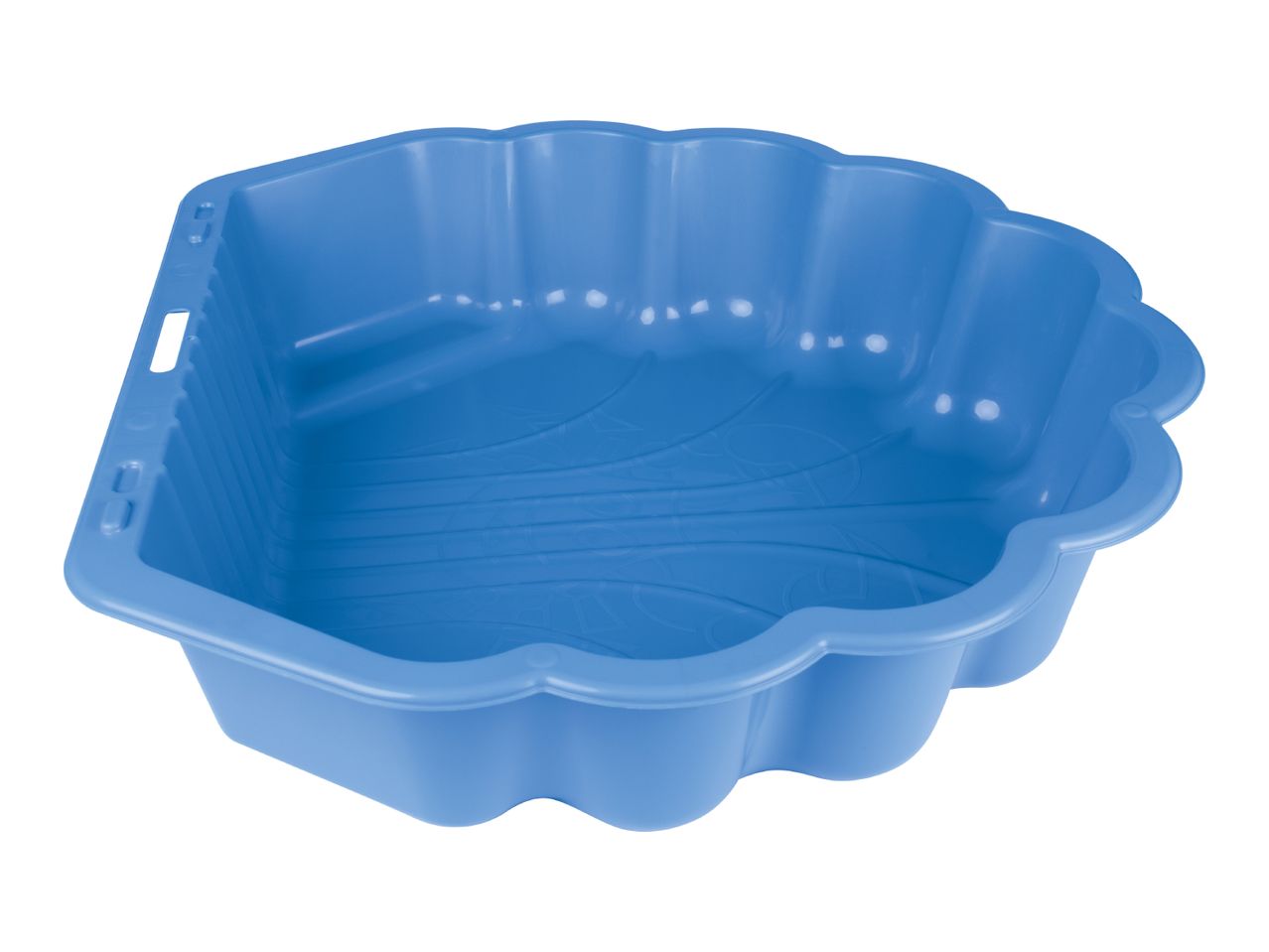 Blue plastic shell-shaped sandbox