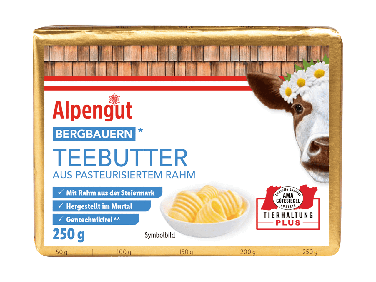 Alpengut Bergbauern Teebutter aus pasteurisiertem Rahm, 250g Packung mit Kuhmotiv.