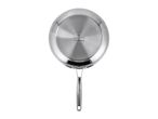 Stainless steel frying pan with a long handle, viewed from the bottom.