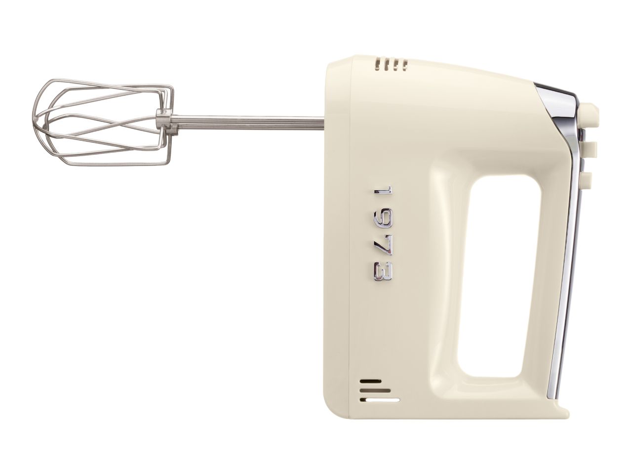 Cream retro hand mixer with a whisk attachment, featuring '1973' embossed on the side.