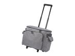 A gray rolling tote bag with an extended handle and multiple zippered compartments.