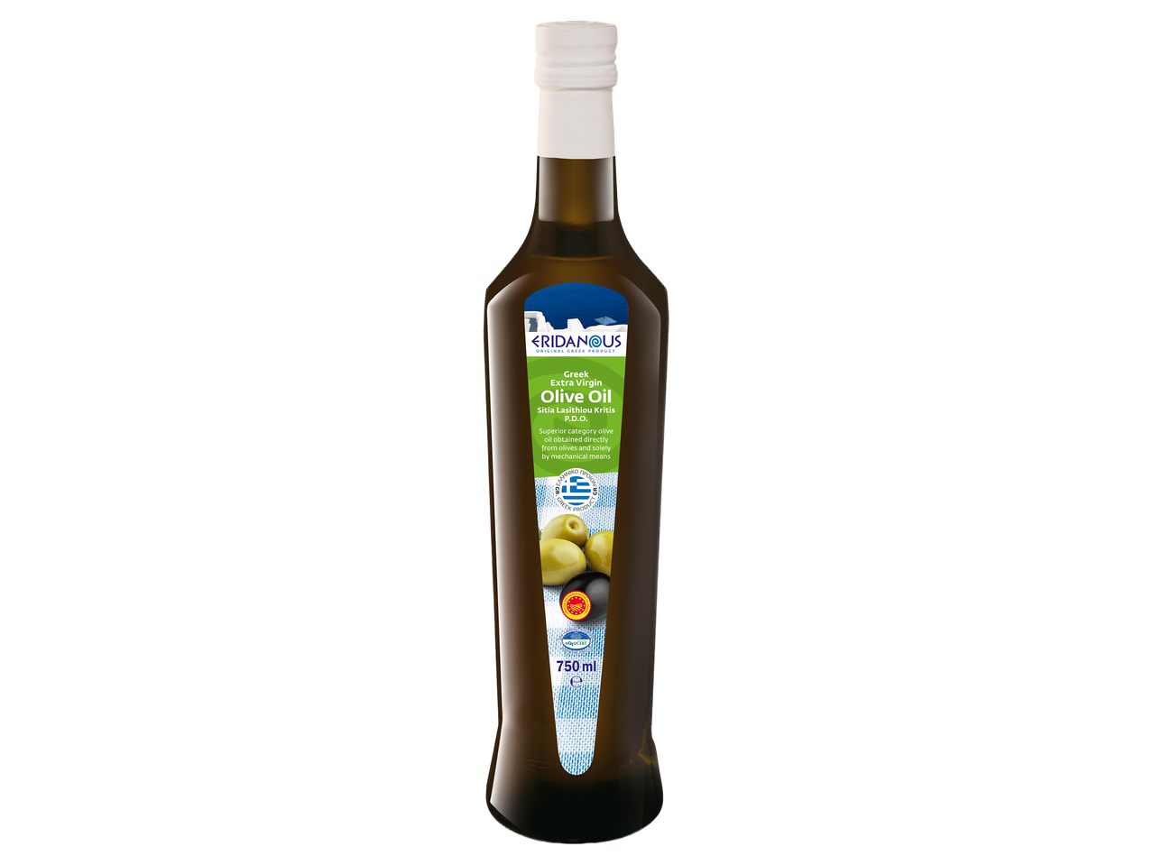 Görög extra szűz olívaolaj 750 ml-es üvegben, zöld és fekete olajbogyókkal a címkén.