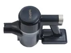 Dark grey handheld vacuum cleaner with a transparent dustbin and silver accents.