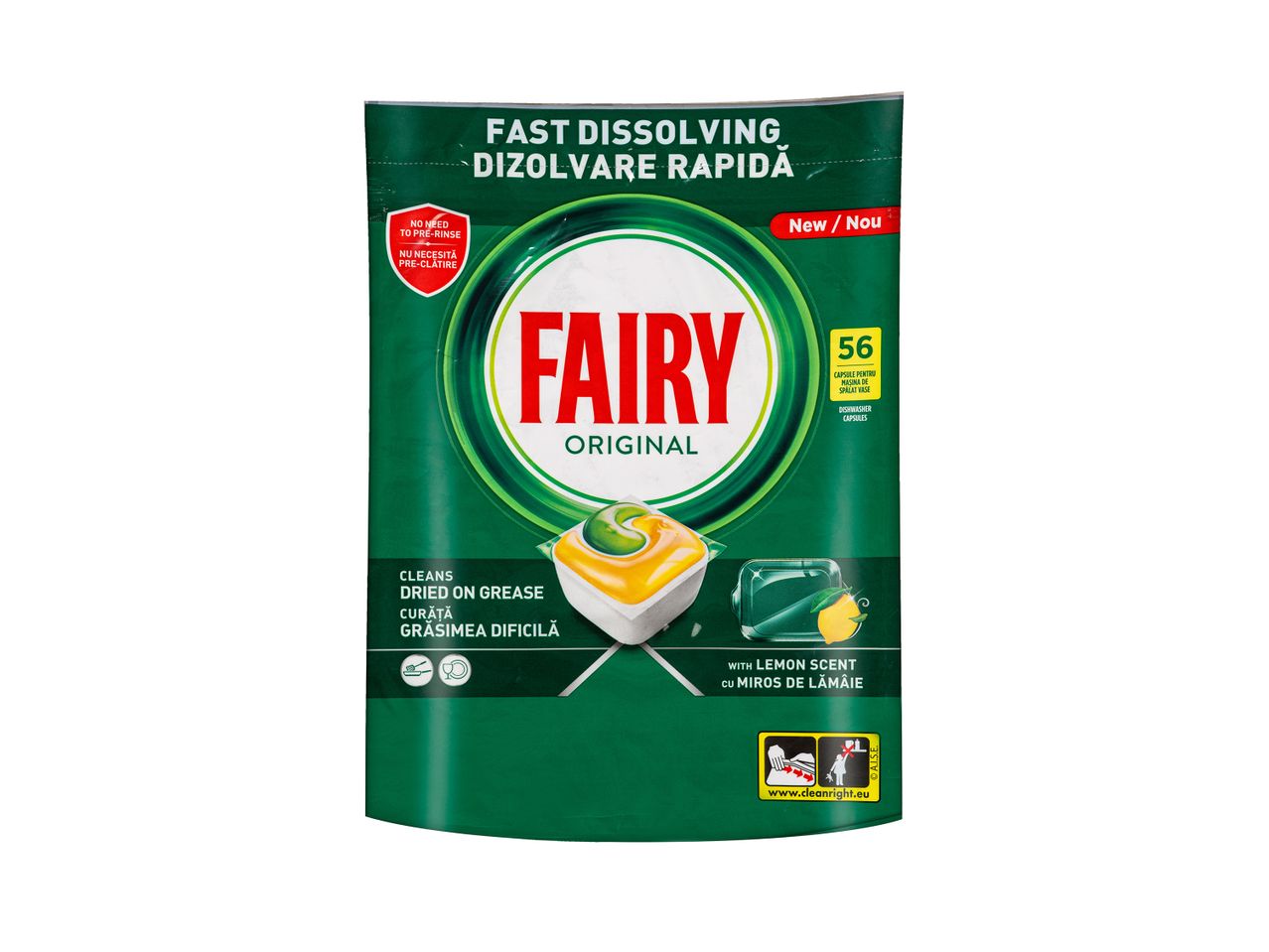 Κάψουλες πλυντηρίου πιάτων Fairy Original με άρωμα λεμονιού, 56 τεμάχια.