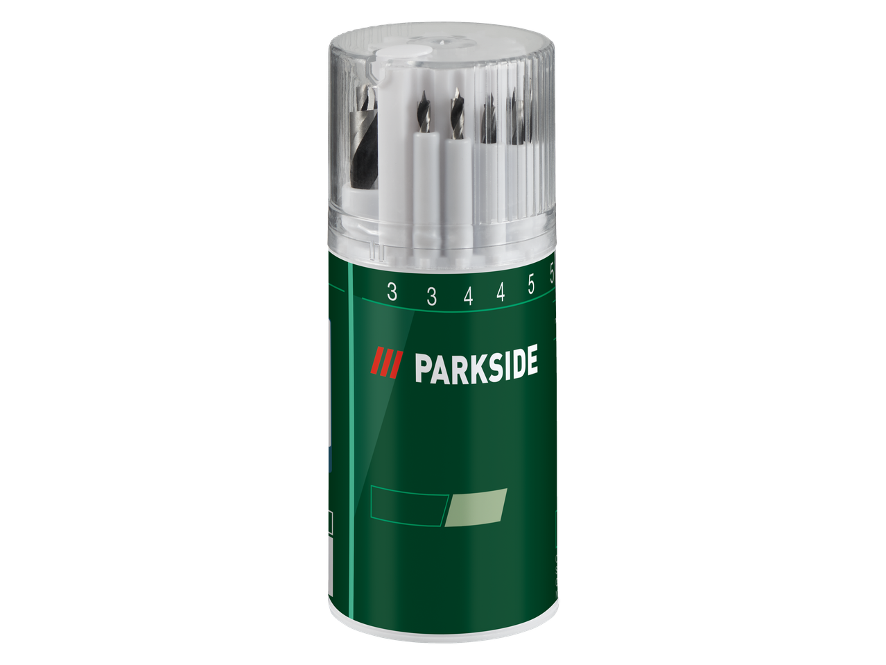 Set de burghie pentru lemn într-o carcasă cilindrică transparentă cu dimensiunile 3, 4 și 5 mm.