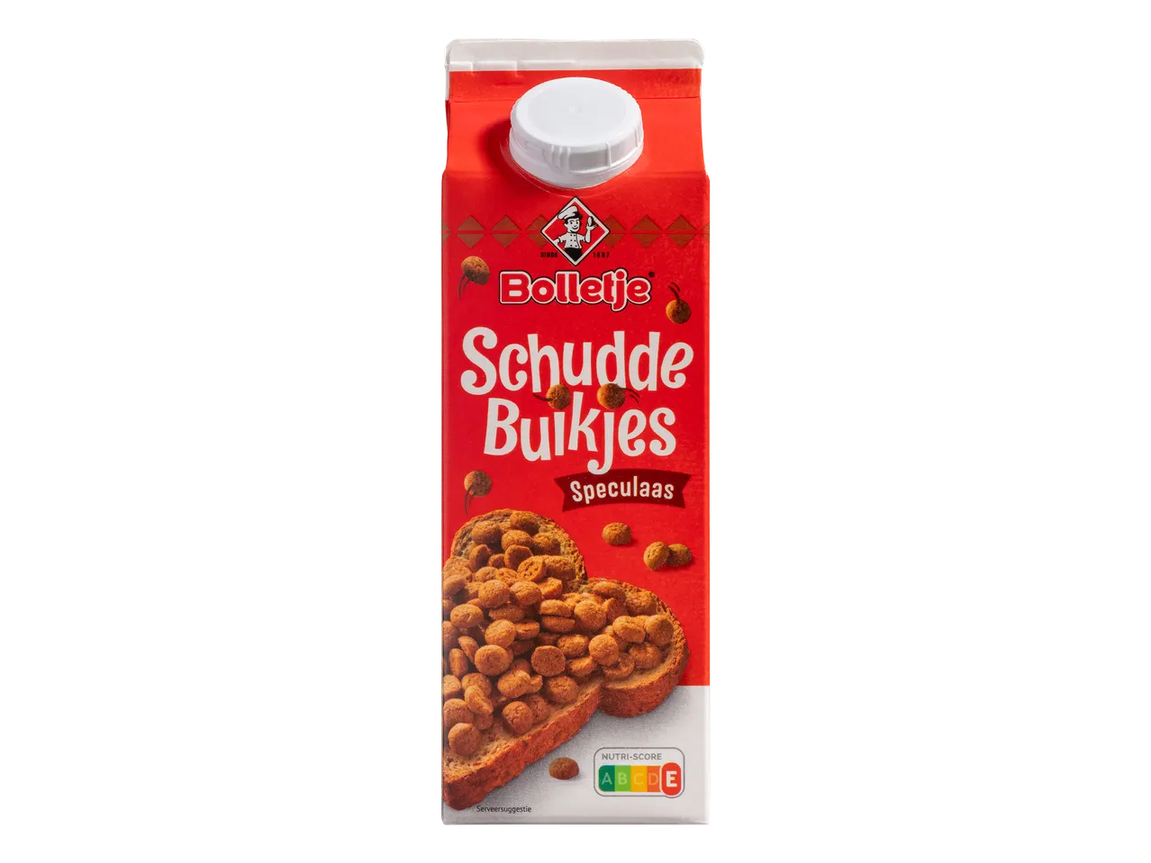 Rode verpakking met speculaas kruimels op brood en Nutri-Score E.