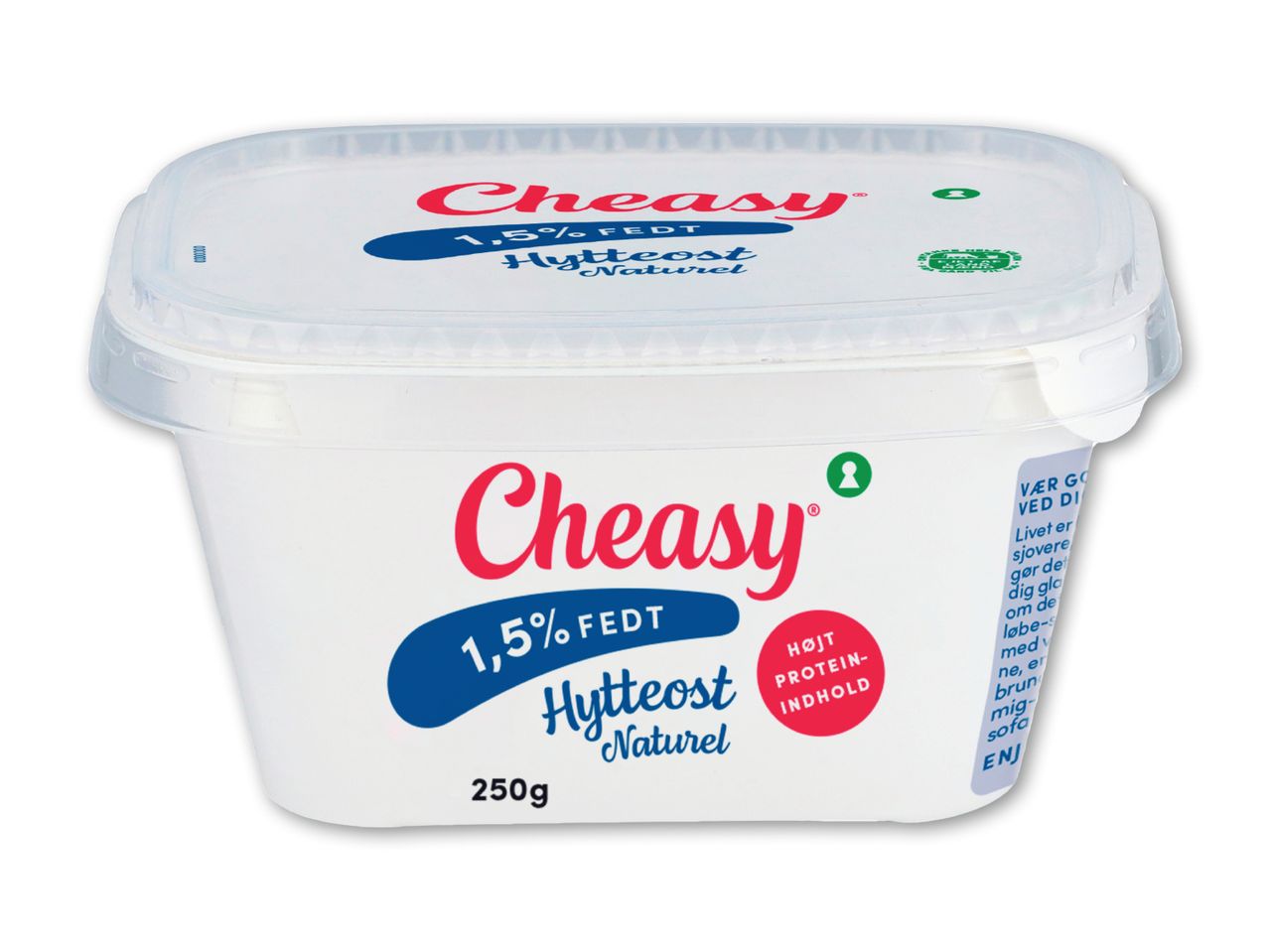 Hytteost med 1,5% fedt og højt proteinindhold i en 250g beholder.