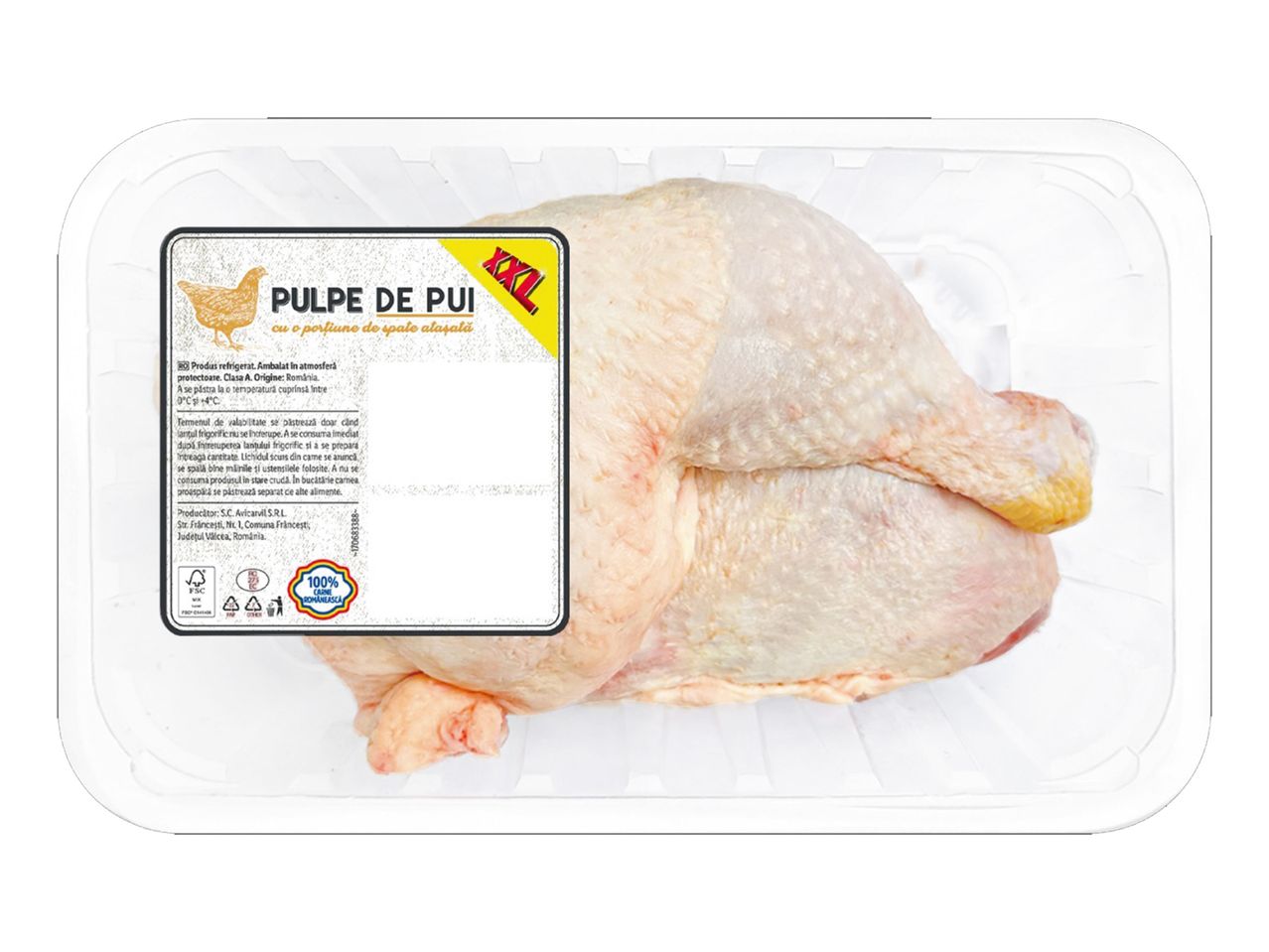 Pulpă de pui XXL cu spate, ambalată, refrigerată, de origine românească.