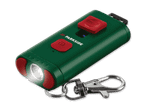 Ein Schlüsselanhänger mit integrierter Taschenlampe und zwei Knöpfen.