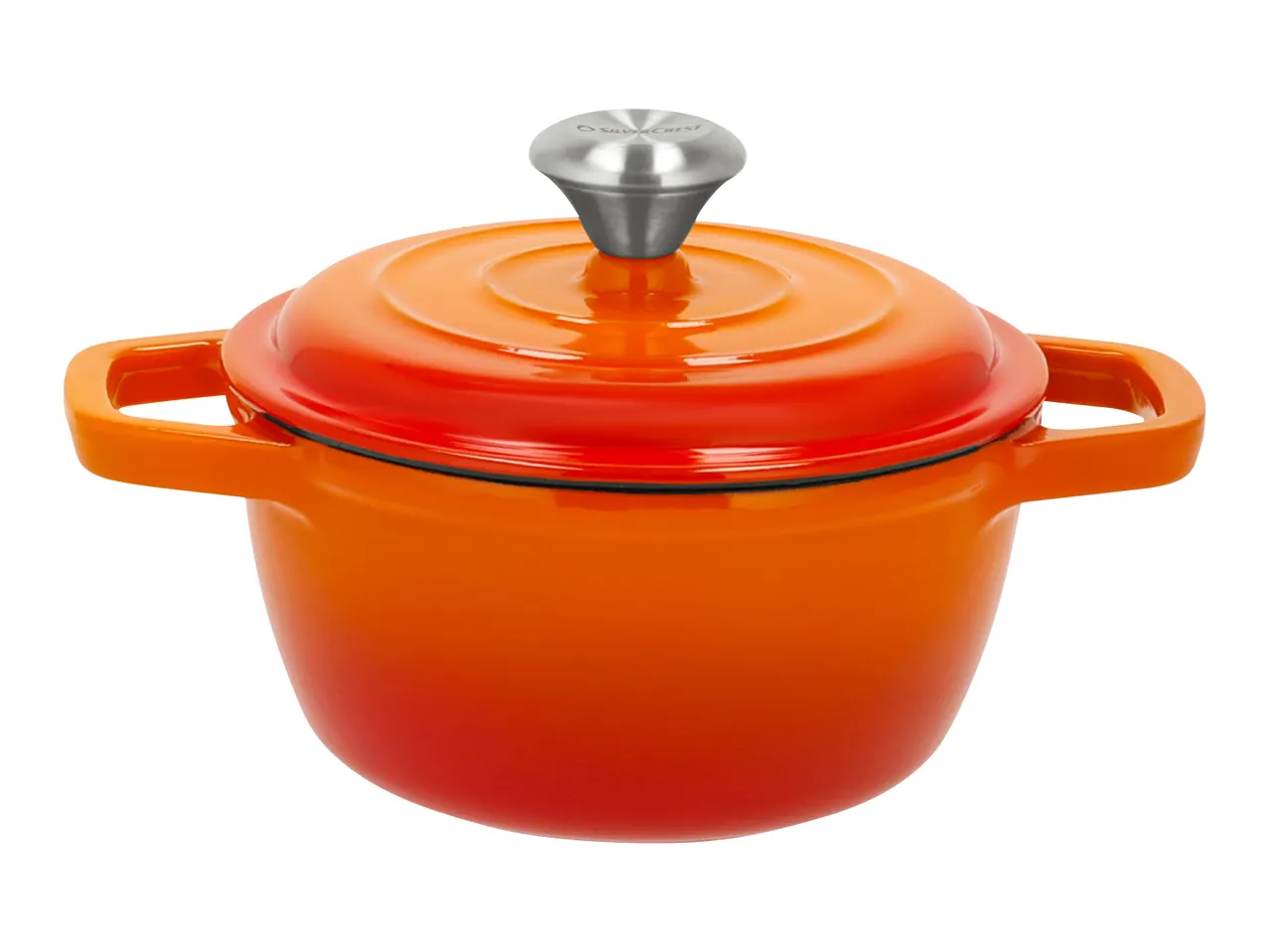 Orange cast iron casserole dish with lid and silver knob