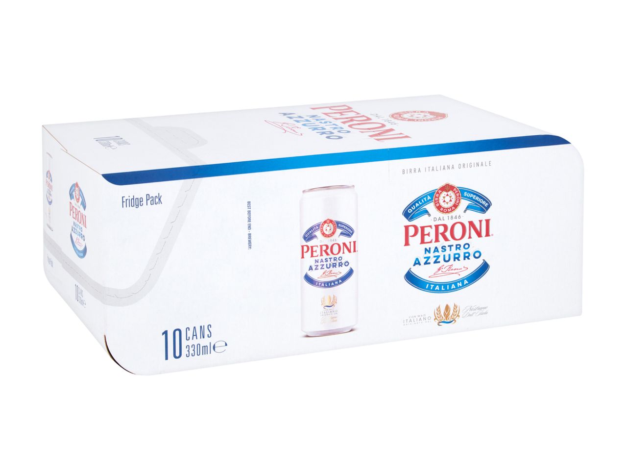 White fridge pack of 10 beer cans, 330ml each, with blue and red branding.