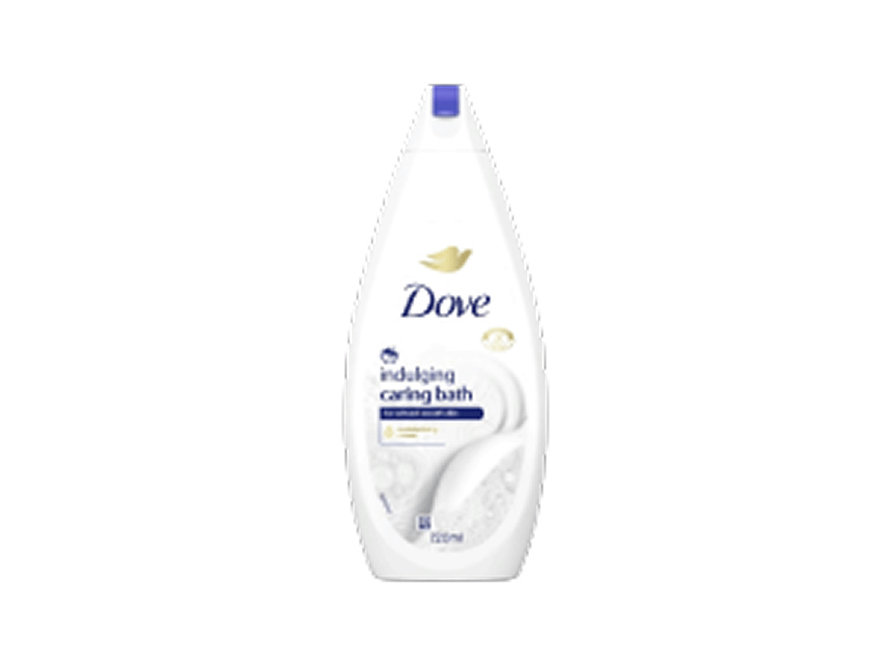 Frasco branco de gel de banho com tampa roxa, com texto 'indulging caring bath'.