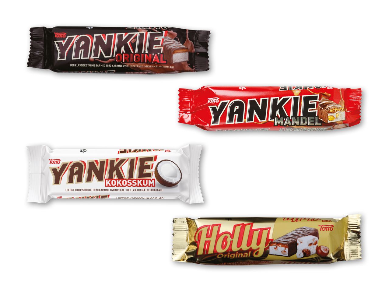 Fire chokoladebarer: tre Yankie-barer i original, mandel og kokos, samt en Holly-bar.
