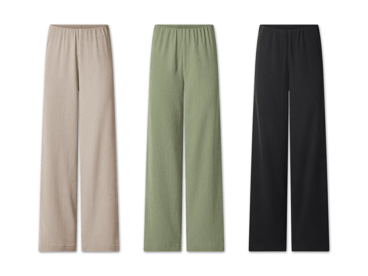 Drei weite Hosen in Beige, Grün und Schwarz mit elastischem Bund.