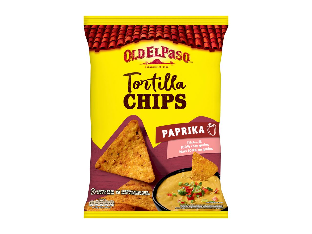 A bag of paprika-flavored tortilla chips with a bowl of cheese dip.