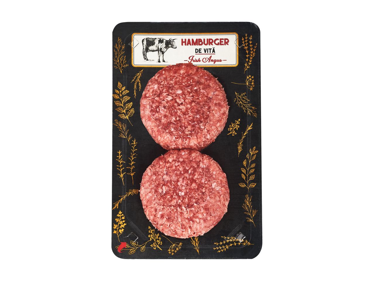 Două chiftele Irish Angus ambalate.