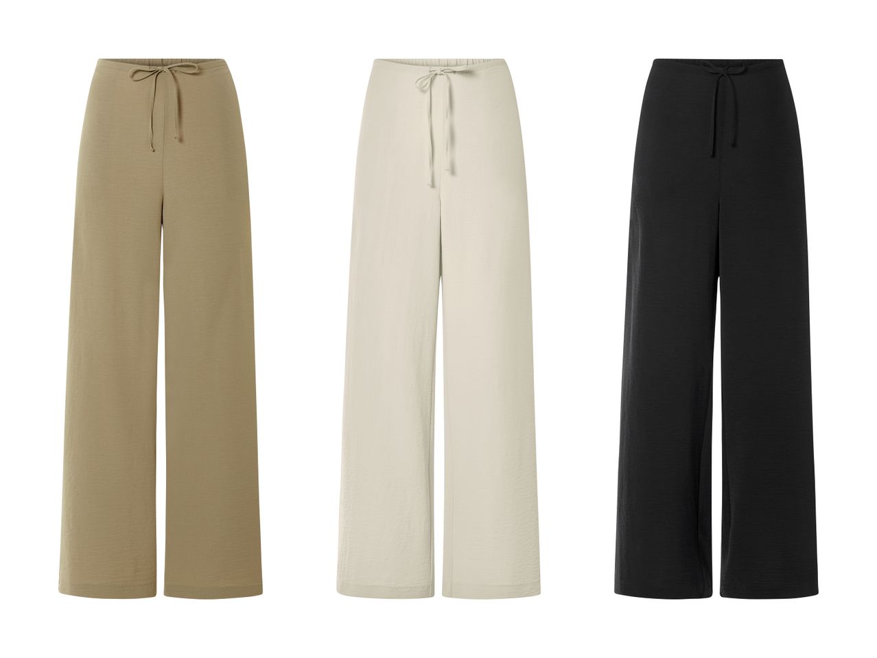 Tre par løse bukser i beige, lysebeige og sort.