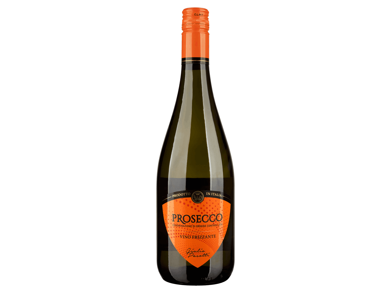 Olasz Prosecco Frizzante habzóbor narancssárga címkével és kupakkal.