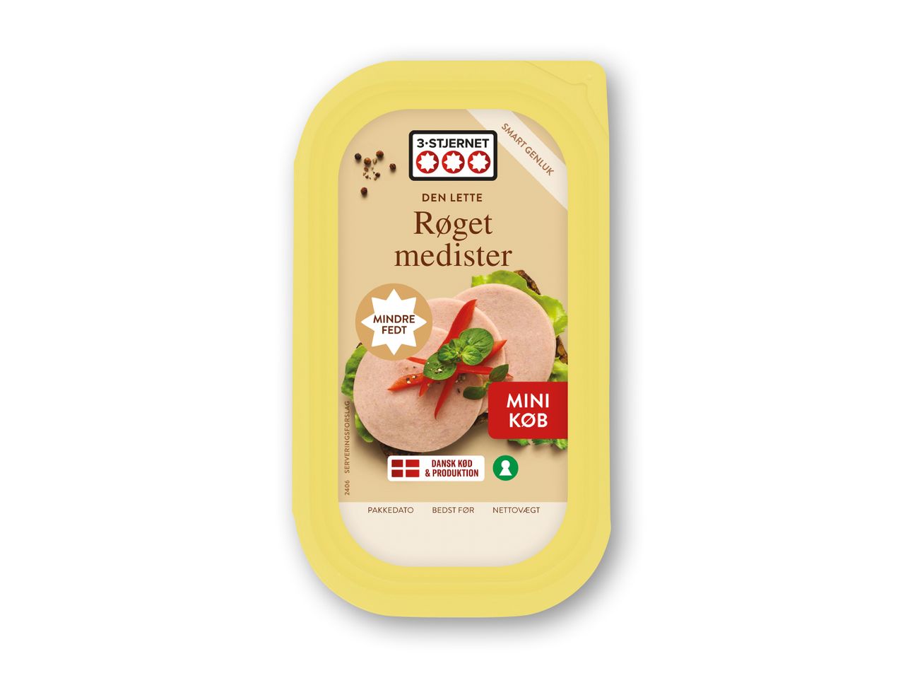 Pakke med røget medisterpølse med mindre fedt, smart genluk og mini-køb.