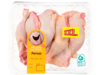 Pernas de frango XXL numa embalagem com rótulos de origem e instruções de cozedura.