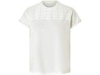 A white eyelet-trimmed t-shirt with short sleeves.